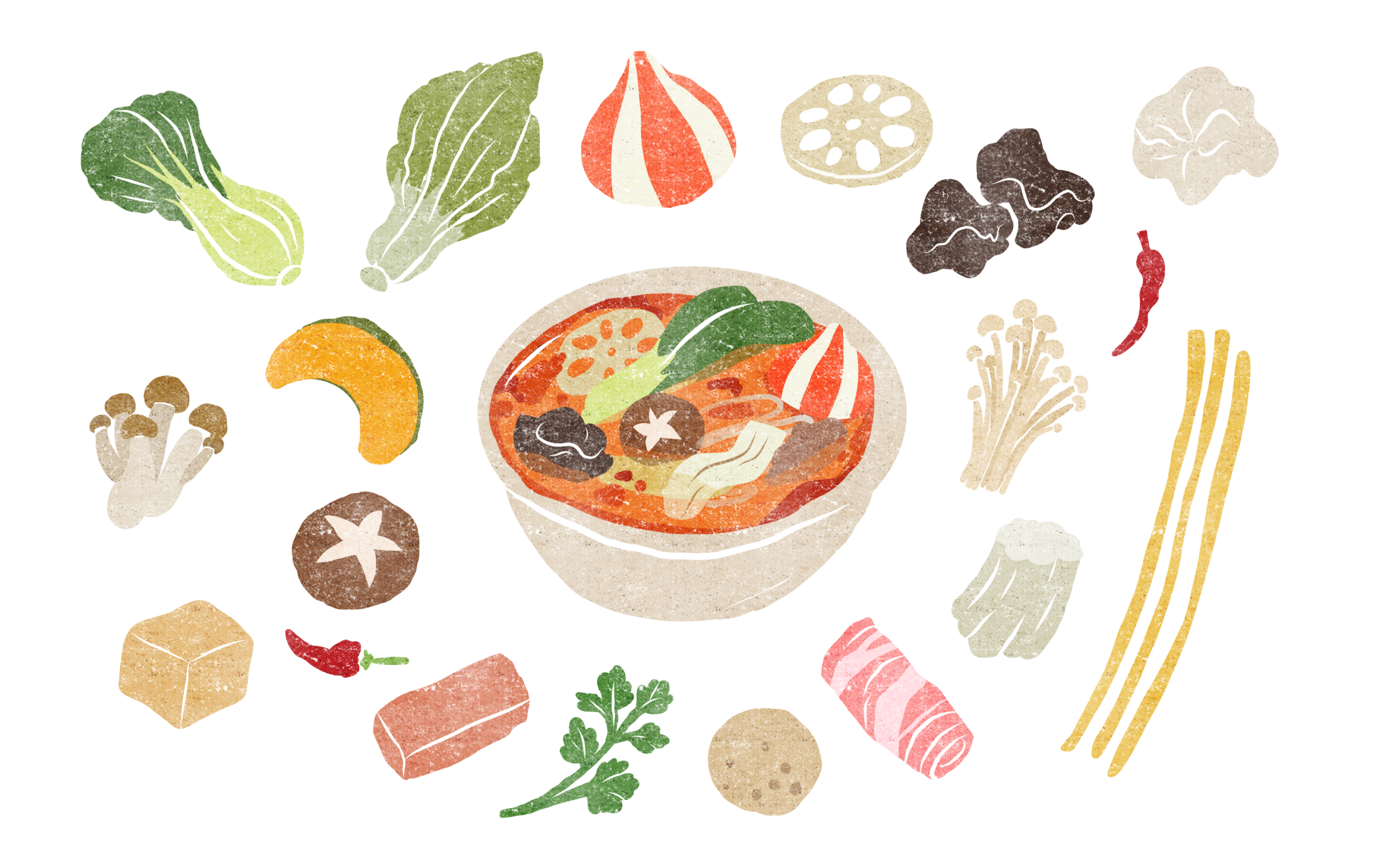麻辣湯のどんぶりと具材のイラスト